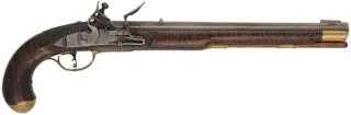 Kentucky Pistol,
.50 caliber, 13" Rice swamped barrel,
small Siler flint lock, curly maple, brass trim, used
